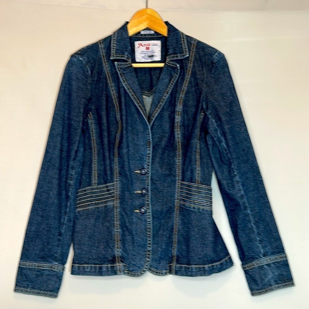 Azur Womens Size M Denim Jacket Blazer Coat Buttons Pockets Stitched Stretchy - Picture 11 of 14